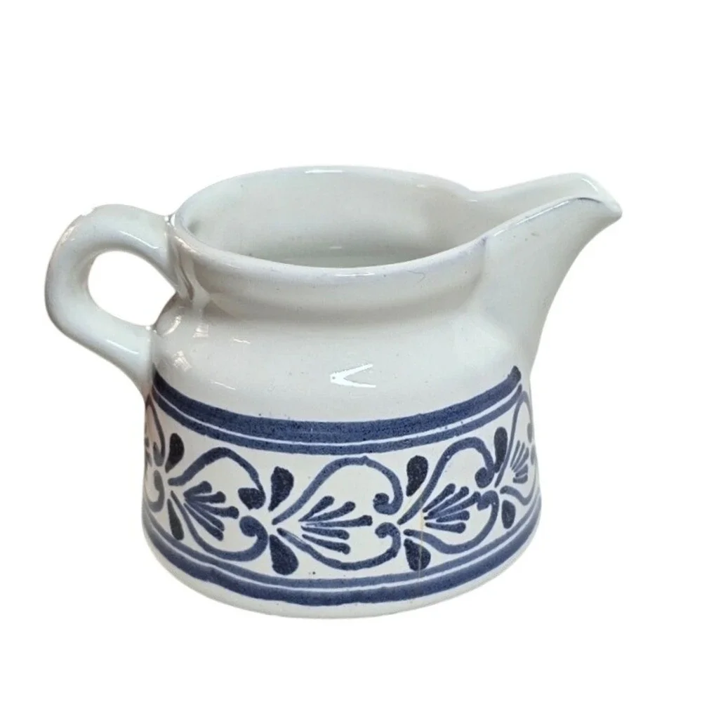 Vintage Varoslodi Majolik Hungary Blue White Ceramic Milk Creamer Pitcher 5in